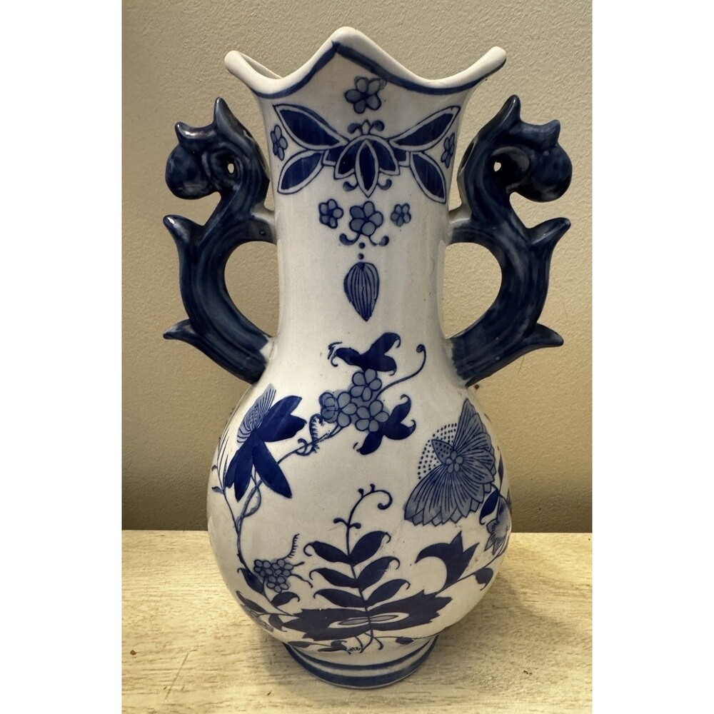 Vintage Formalities by Baum Bros Blue Onion Porcelain Vase w/ Dragon Handles 12”